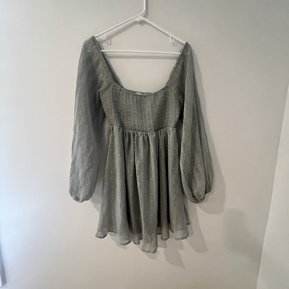 Altar'd State Sage green Swiss Dot Sheer Long Sleeve Peasant Dress Size Small